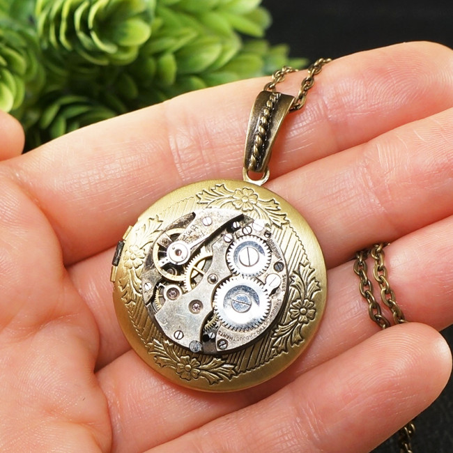 Медальон для фото Стимпанк Steampunk №8 Часовой Механизм Шестеренки Локет Латунный Бронзовый Круглый