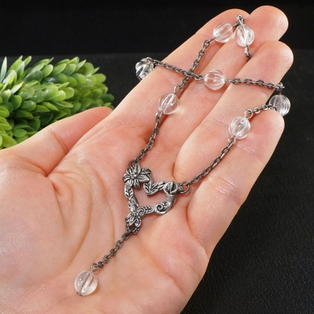Колье Сердце Сердечко Серое Прозрачное Бесцветное Стекло