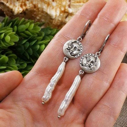 Серьги Солнце и Полумесяц с Белым барочным Жемчугом