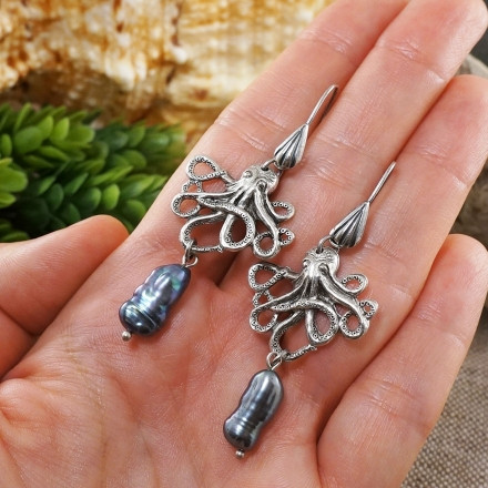Серьги Морские Осьминоги с Синим Жемчугом