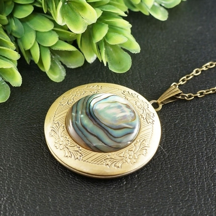 Медальон Кулон Мятный Перламутр Гелиотис Пауа Абалон круглый bronze