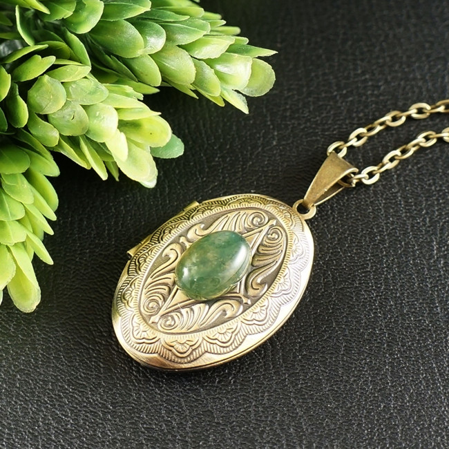 Медальон для фото с Моховым Агатом Кулон Моховый Агат Зеленый antique bronze
