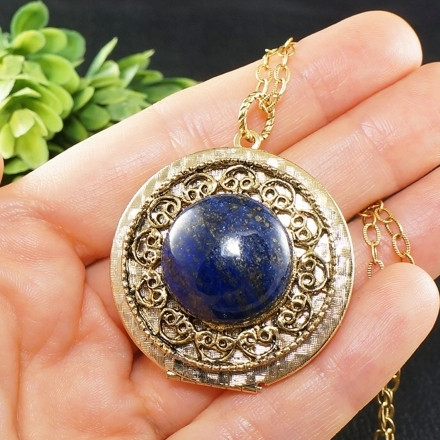 Медальон Кулон Лазурит Синий круглый antique gold