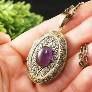 Медальон для фото с Аметистом Кулон Аметист Фиолетовый Лиловый antique bronze