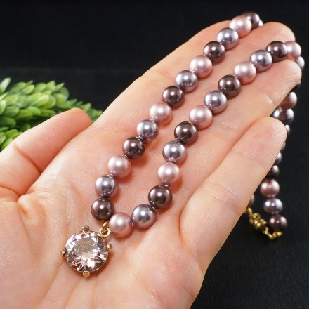 Колье Розовое Лавандовое с Кристаллом и Жемчугом Сваровски Swarovski