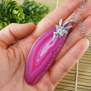Подвеска Фея Фуксия Розовый Срез Агата silver