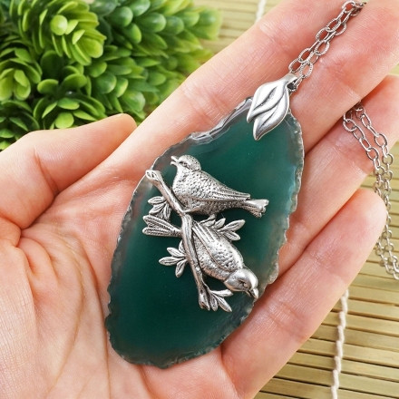 Подвеска Лесные Птички Зеленый Срез Агата, silver