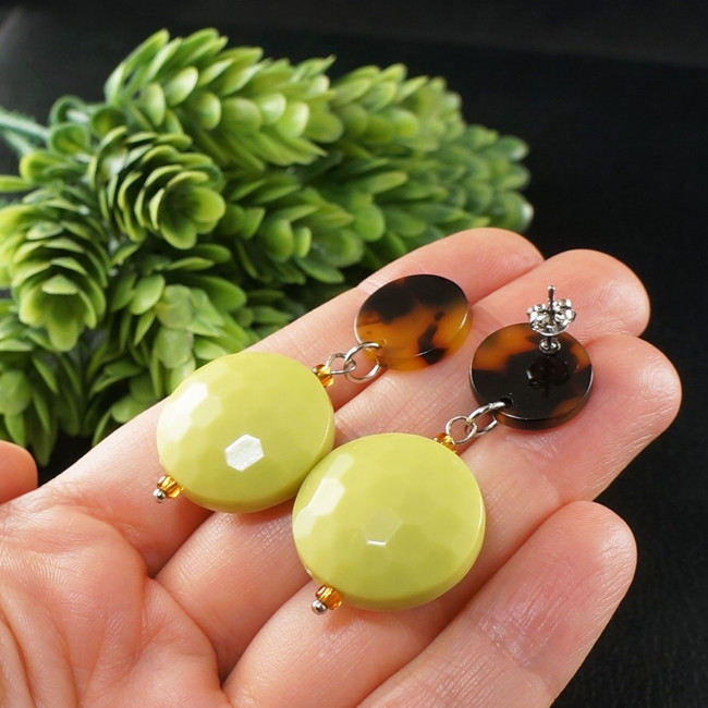 Серьги Крупные Длинные Круглые Фисташковые Мятные Зеленые Оливковые Черепаховые Геометрические Весенняя Зелень Летние №1