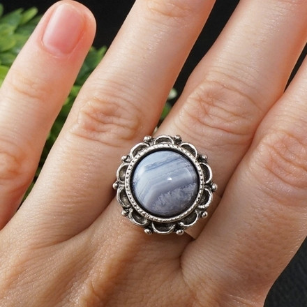 Кольцо Агат lace Голубое Лавандовое antique silver