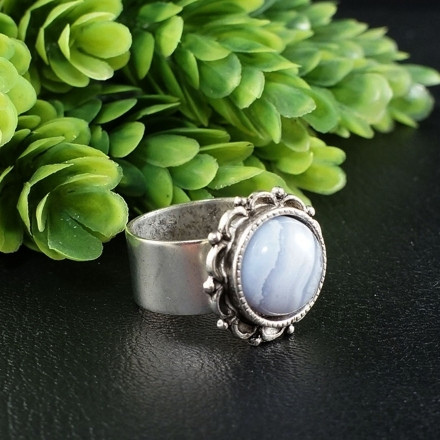 Кольцо Агат lace Голубое Лавандовое antique silver