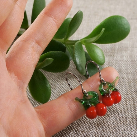 Серьги Вишенки лэмпворк, серебро 925