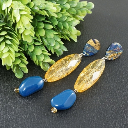 Серьги Крупные Длинные Синие Желтые
