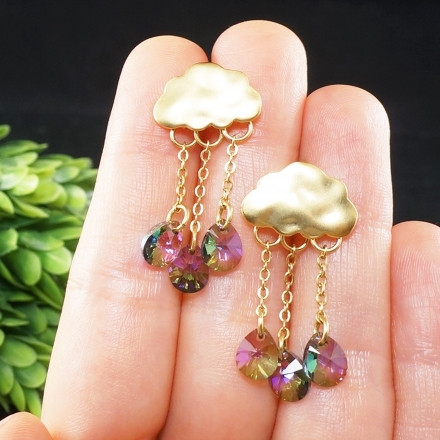 Серьги Облако с Кристаллами Сваровски Фиолетовые Лиловые Gold