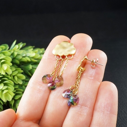 Серьги Облако с Кристаллами Сваровски Фиолетовые Лиловые Gold