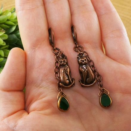 Серьги Кошки Коты медные зеленые